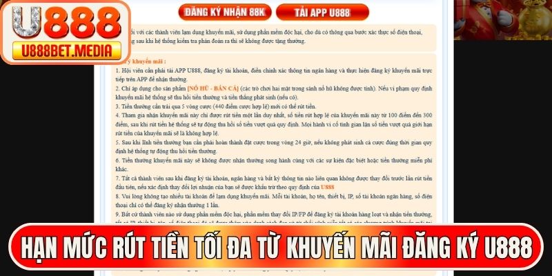 Hạn mức rút tiền tối đa từ khuyến mãi đăng ký U888