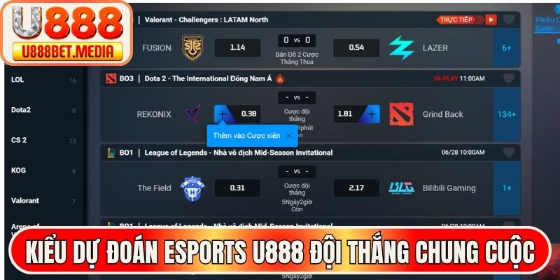 Kiểu dự đoán Esports U888 đội thắng chung cuộc